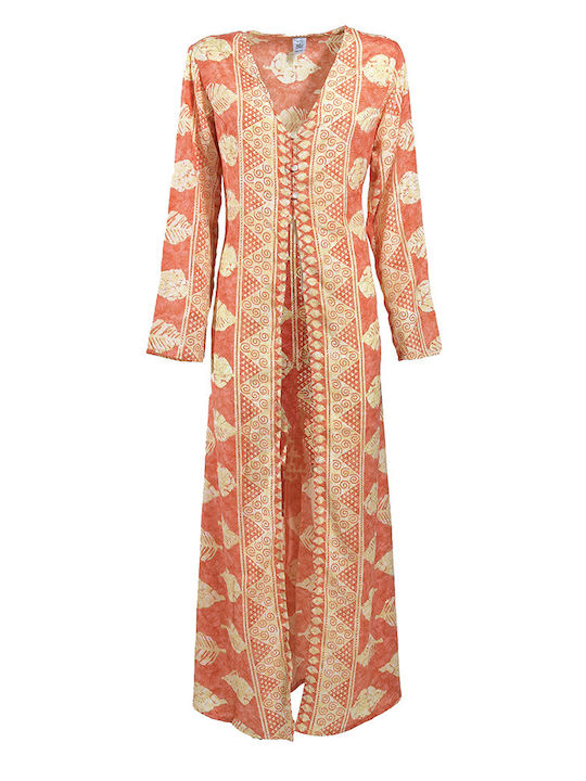 Orange Leaf Gold Detail Long Kimono One Size 100% Crepe
