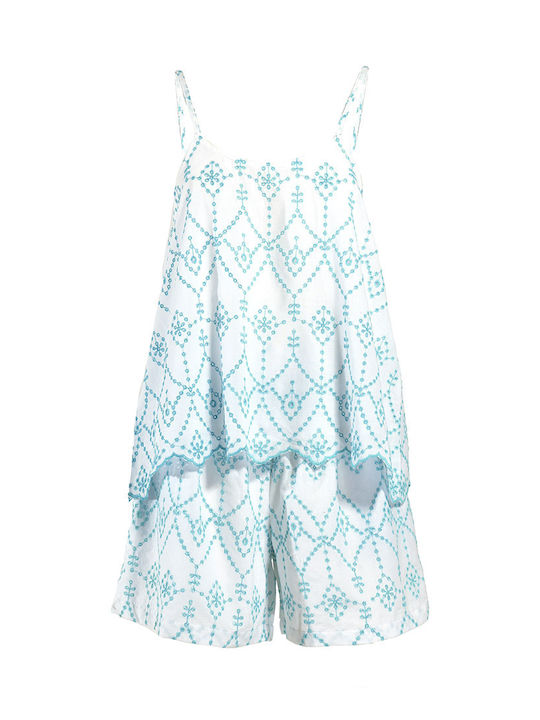 Ble S/2 Τοπ Σορτσακι Λευκο Μπλε Κεντηματα One Size 100% Cotton
