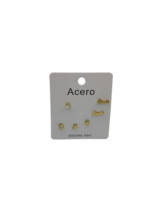 Steel Stud Earrings Gold 3 Pairs