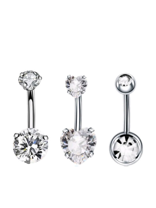 3 White Navel Earrings Set Surgical Steel Hypoallergenic