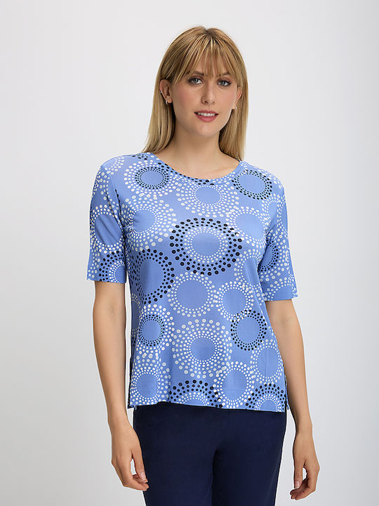 Laura Donini Women's Blouse Short Sleeve Embrimé Blue
