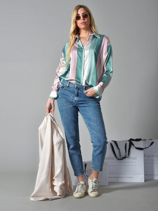 Satin Asymmetric Striped Blouse ∞ Turquoise Pink