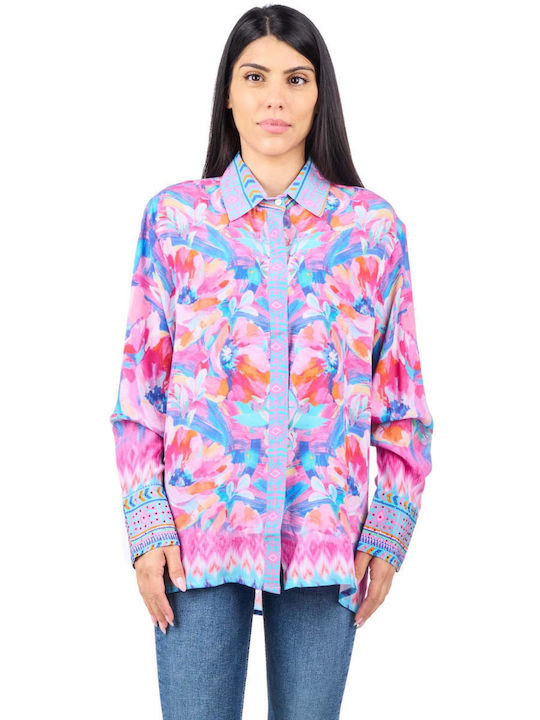 Inoa Women's Silky Floral Long Sleeve Shirt Pink