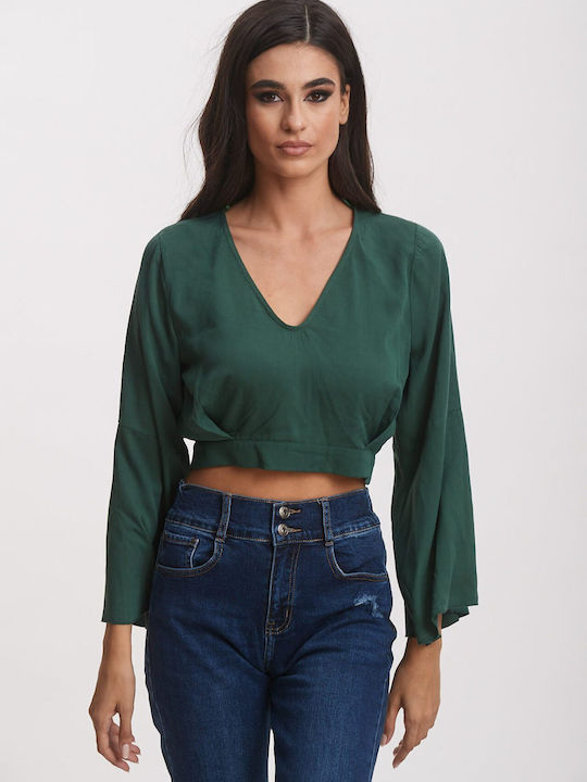 Dress Up Women's Blouse with V Neckline Green