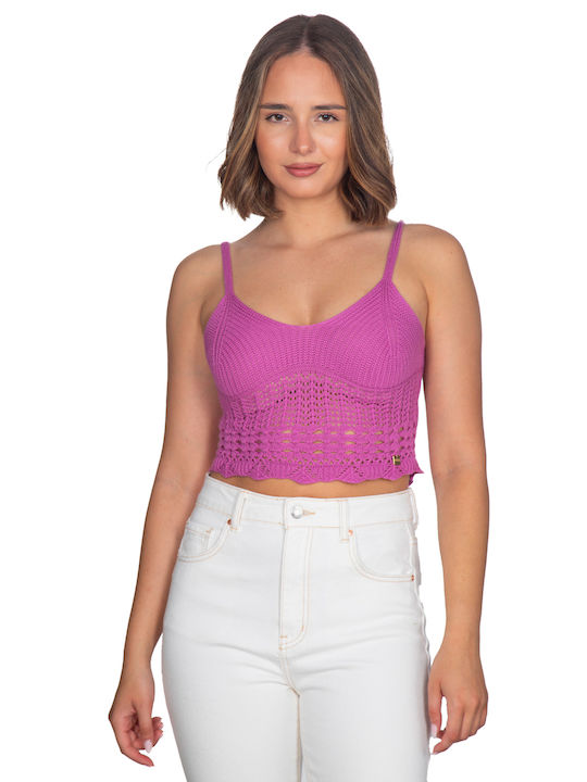 Baumwollärmellose kurze Strickbluse Fuchsia 13161