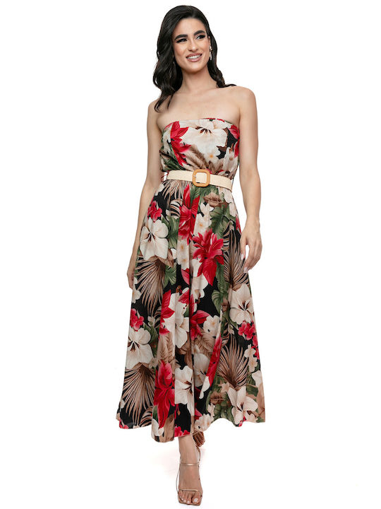 Strapless Midi Dress Floral Design Belt