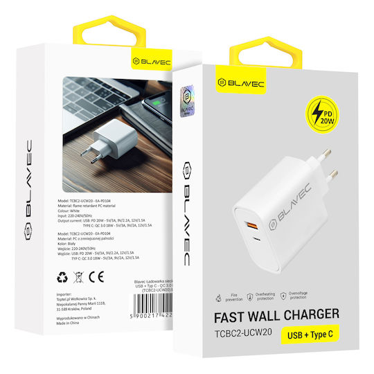 Blavec Ladegerät ohne Kabel mit USB-A Anschluss und USB-C Anschluss 20W Stromlieferung / Schnellaufladung 3.0 Weißs (Blavec TCBC2-UCW20)