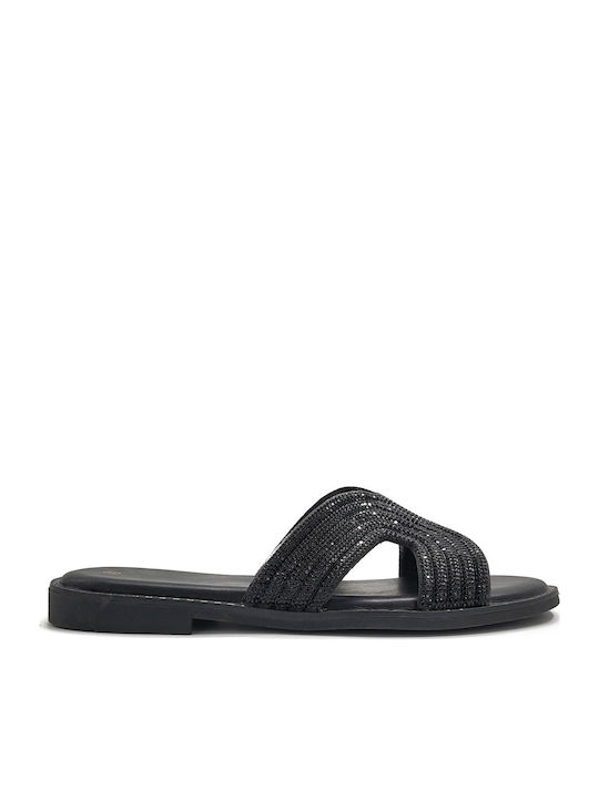 Black Women's Flat Sandal with Rhinestone Strap