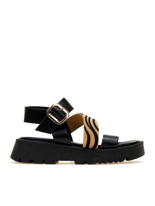 Women's Zebra Leather Flatforms with Diagonal Strap