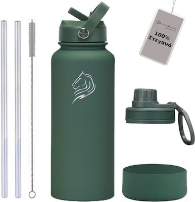 Cool'NMore Bottle Thermos Stainless Steel BPA Free Moss Green 1lt with Straw and Mouthpiece