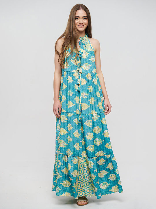 Blue Long Sleeveless Dress with Turquoise Leaves and Gold Details One Size 100% Crepe