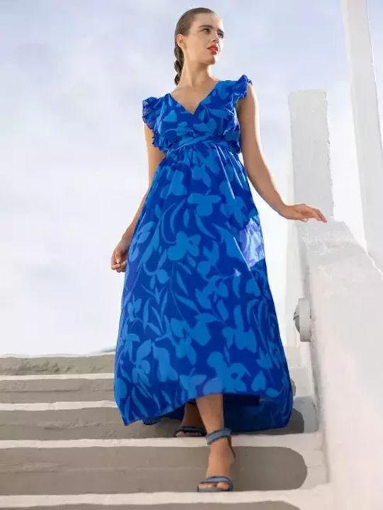 Desiree Midi Φόρεμα Κρουαζέ με Βολάν Μπλε