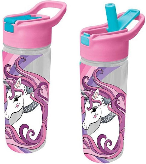Graffiti Kinderflasche Einhorn Kunststoff mit Strohhalm Rosa 500ml