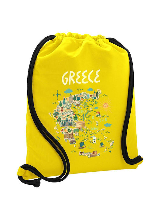Rucsac cu buzunar galben și șnururi groase, tip poșetă, cu hartă a Greciei, 40x48cm