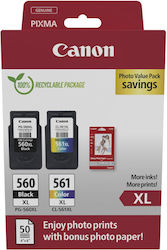 Canon PG-560XL Black & CL-561XL Colour Ink Cartridge + Photo Paper Value Pack Pachet Photo Value cu 1 Cartuș de cerneală InkJet Negru (3712C008)