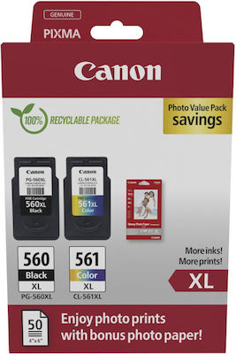 Canon PG-560XL Black & CL-561XL Colour Ink Cartridge + Photo Paper Value Pack Photo Value Pack with 1 InkJet Ink Black (3712C008)