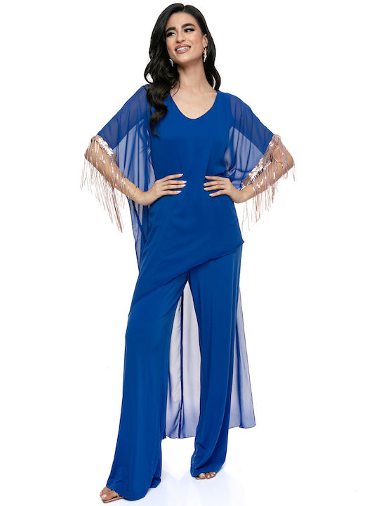 One-piece Muslin Jumpsuit with Sheer Sleeves and Embroidery