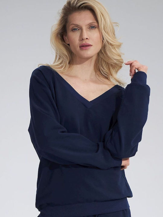 Figl Women's Blouse Cotton Long Sleeve with V Neckline Navy Blue