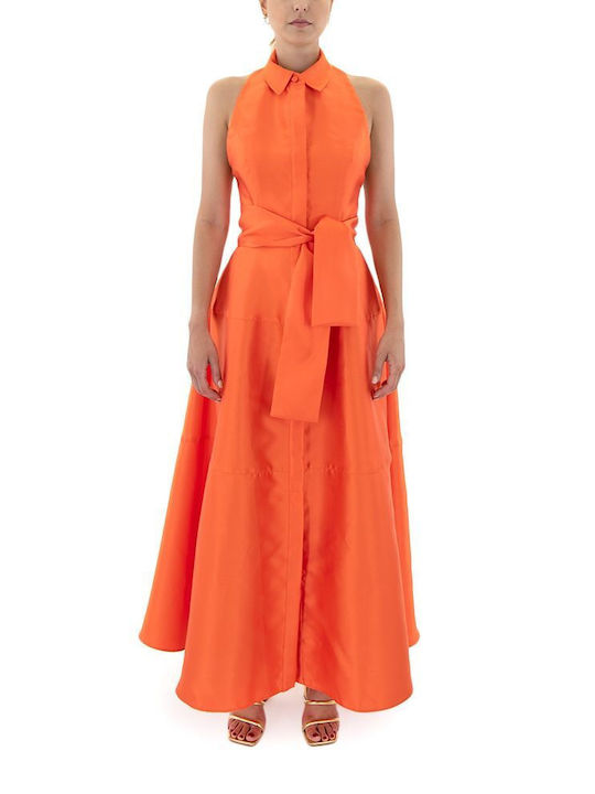 Mi-Ro Maxi Abendkleid Hemdkleid Satin Offener Rücken Orange