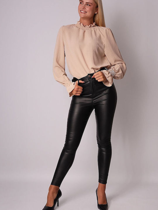 Ax Paris Women's Blouse Leather Long Sleeve Beige