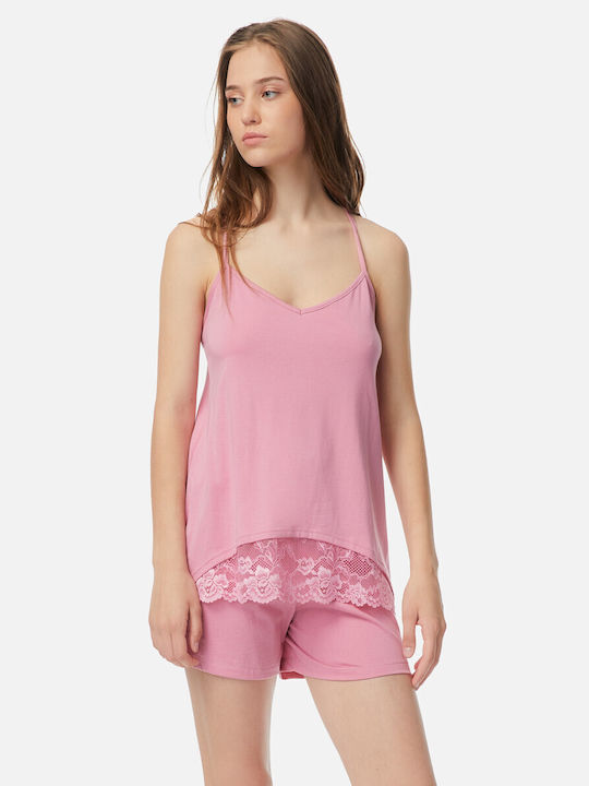 Minerva Sommer Damen Pyjama-Set Baumwolle Rose