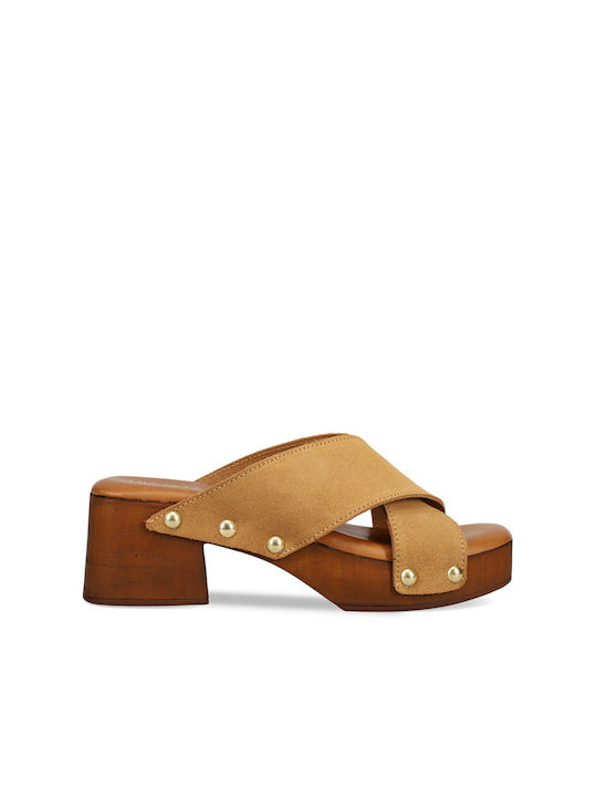 Migato Chunky Heel Leather Mules Brown
