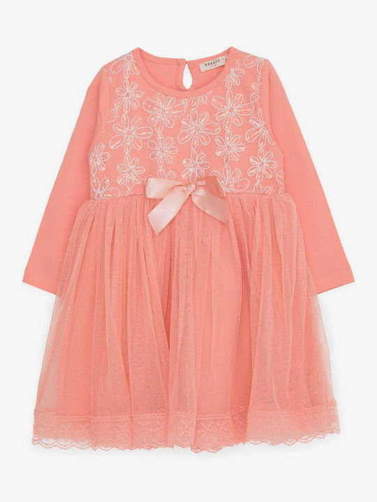 Trendy Shop Παιδικό Φόρεμα Τούλινο Floral Μακρυμάνικο Κοραλί