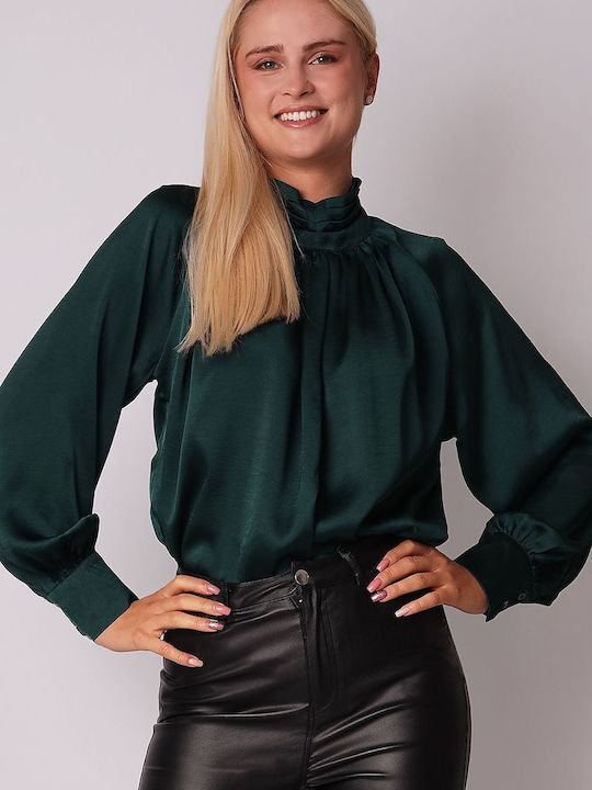 Ax Paris Women's Blouse Satin Long Sleeve Green