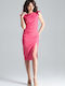 Lenitif Midi Βραδινό Φόρεμα με Σκίσιμο Ροζ