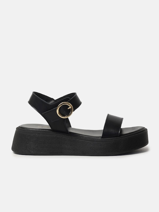 Carad Shoes Flatforms Leather Women's Sandals with Ankle Strap Black