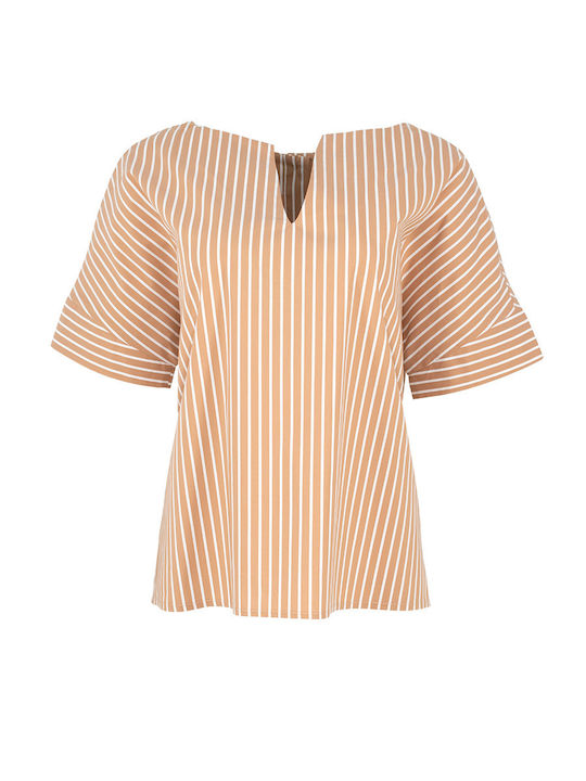 Pirouette Women's Blouse Cotton Short Sleeve with V Neckline Striped Brown