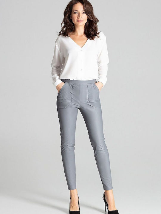 Lenitif Women's Leather Trousers with Elastic in Wide Line Gray