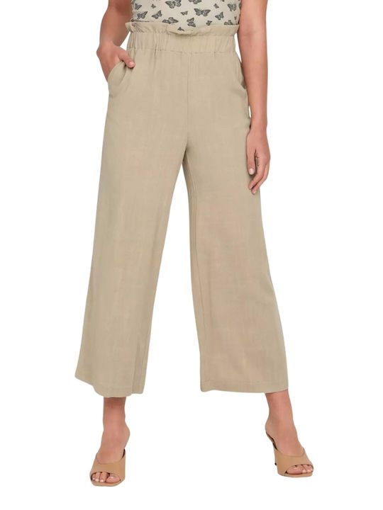 Only Women's High Waist Fabric Capri Trousers with Elastic Oxford Tan