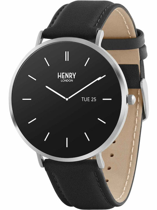 Henry London Smart Stainless Steel 43mm Smartwatch με Παλμογράφο (Silver & Black Leather)