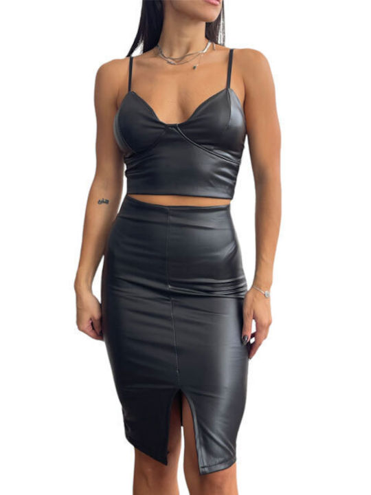 Chica Set with Leather Midi Skirt in Black color