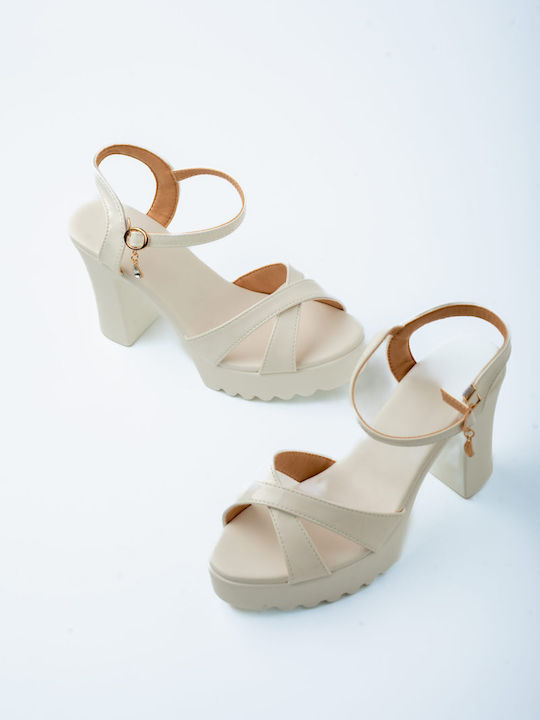 Platform Synthetic Leather Women's Sandals White with Chunky High Heel