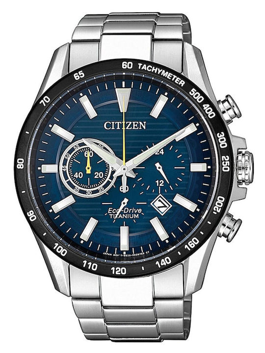 Citizen Ανδρικό Ρολόι 43mm Χρονογράφος Eco - Drive με Ασημί Μεταλλικό Μπρασελέ