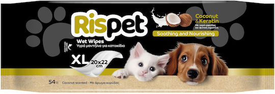 Rispet 54 Кърпички за Кучета и Котки за Почистване на Тялото с Аромат Кокос Coconut & Keratin
