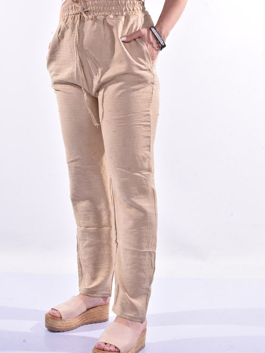 Raiden Women's Fabric Trousers with Elastic Beige