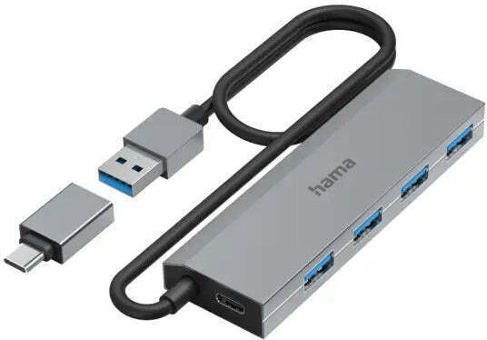 HAMA USB 3.2 4-Port Hub with USB-A / USB-C Connection Gray