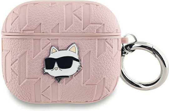 Karl Lagerfeld Choupette Head Θήκη Δερμάτινη με Γάντζο σε Ροζ χρώμα για Apple AirPods Pro