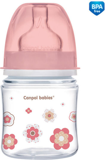 Canpol Babies Plastic Baby Bottle Anti-Colic with Silicone Nipple for 0+, 0+ m, months Pink Flowers - Pink 120ml