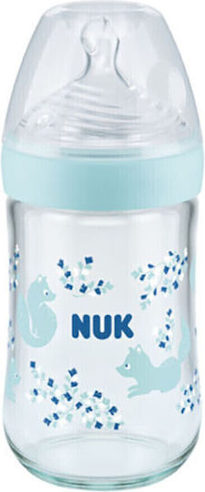 Nuk Glass Baby Bottle Nature Sense Anti-Colic with Silicone Nipple for 0-6 months Light Blue Fox - Light Blue 240ml