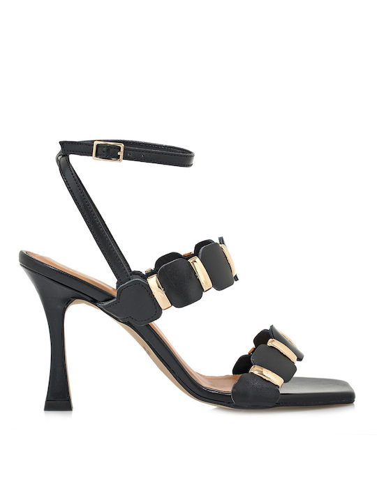 Exe Leather Women's Sandals Black with High Heel