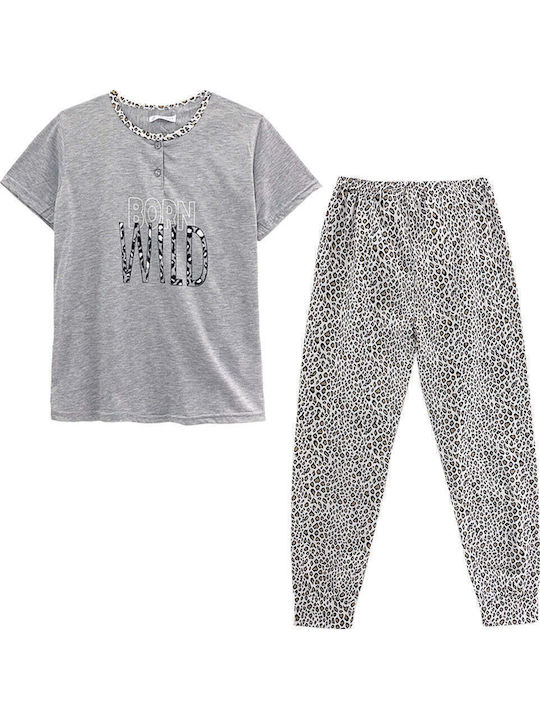Women's Summer Cotton Short Sleeve Long Pants Pyjama Set Animal Print Gp-29048