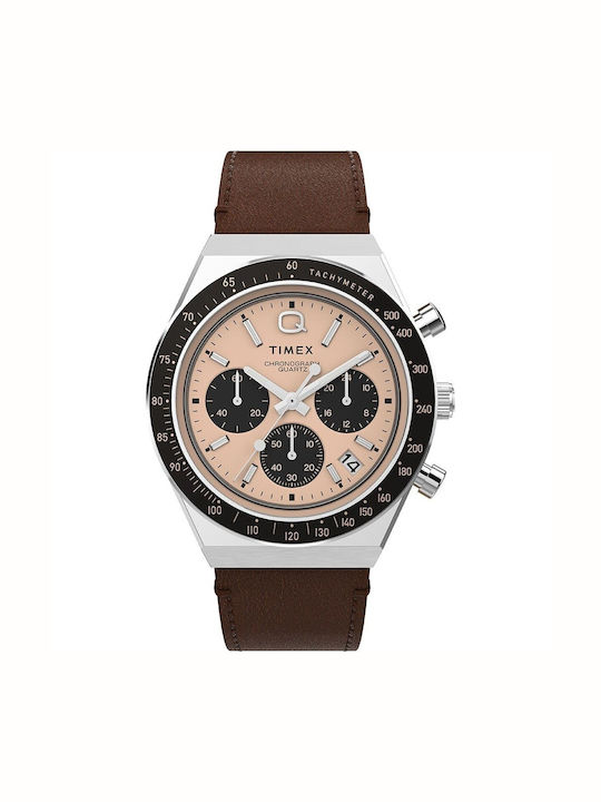 Timex Q Diver Men's Watch 40mm Chronograph Battery with Brown Leather Strap