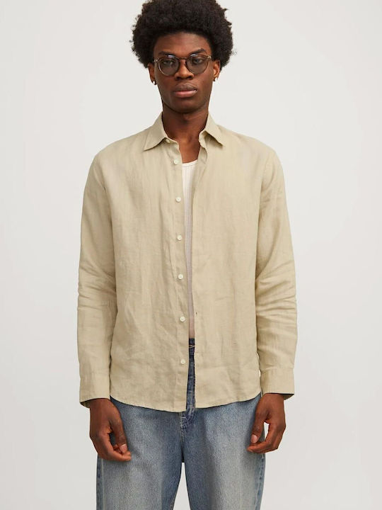 Jack & Jones Men's Shirt Long Sleeve Linen Beige