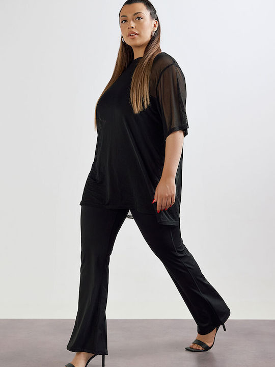 Women's Fabric Trousers in Wide Line Black