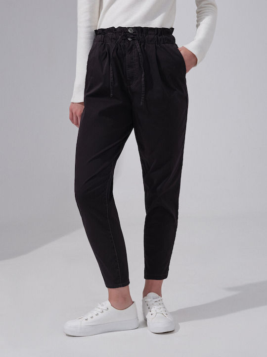 Diverse System Women's High-waisted Cotton Trousers with Elastic in Paperbag Fit Graphite