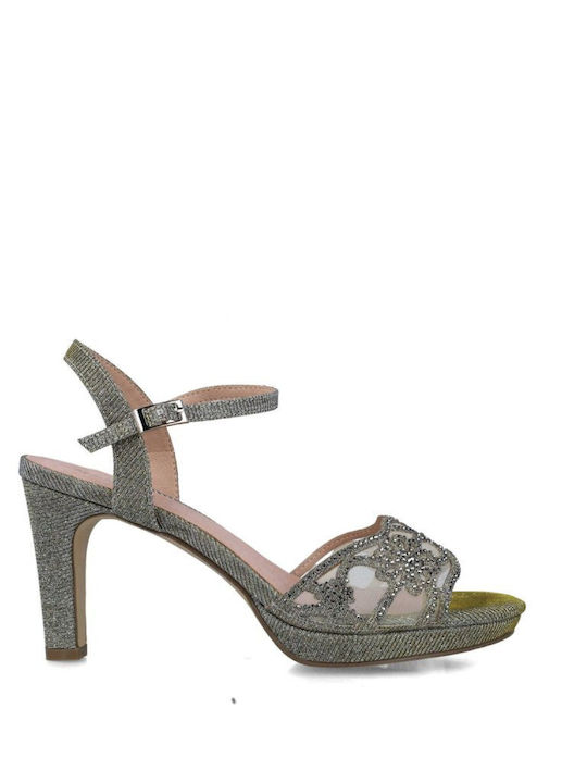 Menbur Women's Sandals with Strass Silver with Medium Heel